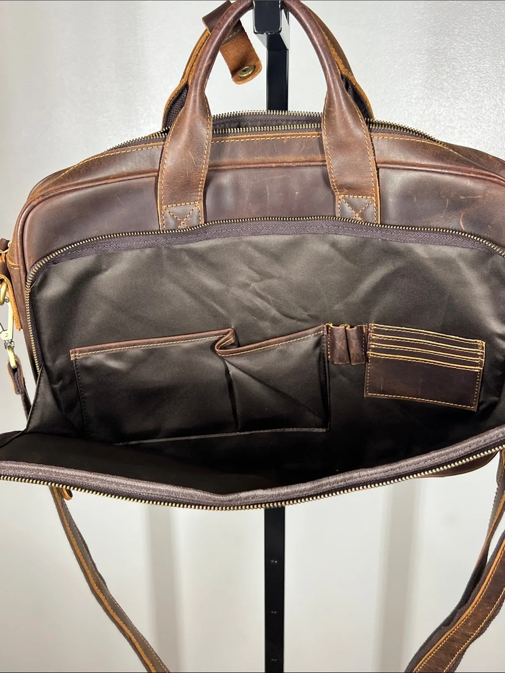 Men's Dark Brown Leather Laptop Briefcase with Shoulder Strap